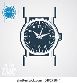 Vector classic wristwatch illustration, elegant detailed quartz watch with dial and an hour hand. Retro strap watch, symbolic timepiece. Web business design element, time idea.