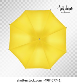 Vector classic yellow round Rain umbrella top view Blank Opened Parasol Sunshade Mock up on light grey transparent Background. Top Side View graphic Element for advertising, poster banner print design