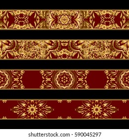 Vector classical book spines set in golden and red colors on a black background. Horizontal decorative vintage seamless frame or border for printing on book covers or spine.