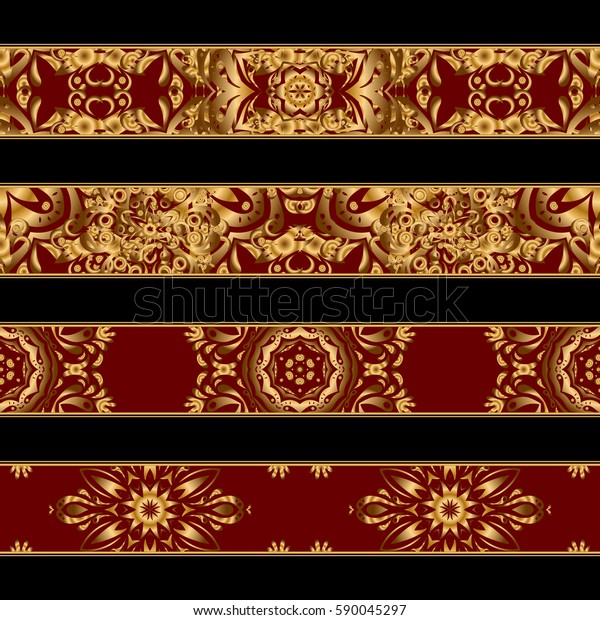 Vector classical\
book spines set in golden and red colors on a black background.\
Horizontal decorative vintage seamless frame or border for printing\
on book covers or\
spine.