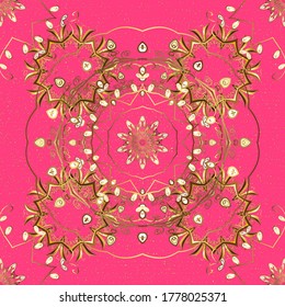 Vector. Classical luxury old fashioned damask ornament, royal victorian seamless texture for wallpapers, textile. Vector cute seamless pattern background. Illustration in yellow, brown and pink colors
