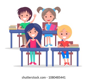 Vector of classmates sitting at desks with piles of books, back to school concept. Happy schoolchildren in classroom isolated on white background