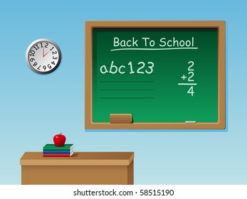 A vector of a classroom with a desk, chalkboard, chalk, books, clock and an apple