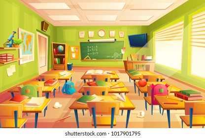 Vector classroom interior. Educational concept, mathematics room, blackboard, desks, school supplies. Training room illustration for advertising, web, internet promotion