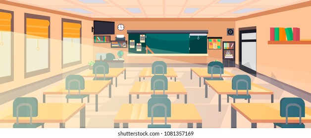 Vector classroom interior at the school, university, institute, college. Educational concept, blackboard, desks, office supplies. Training room illustration. Lesson for teaching and learning.