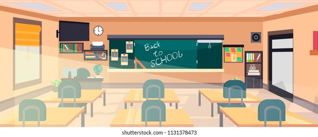 Vector classroom interior at the school, university, institute, college. Educational concept, blackboard, desks, office supplies. Training room illustration. Lesson for teaching and learning.
