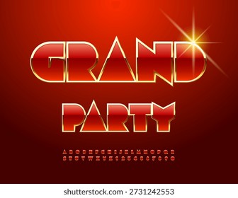 Vector Classy banner Grand Party. Luxury Red and Golden Font. Premium Alphabet Letters and Numbers.