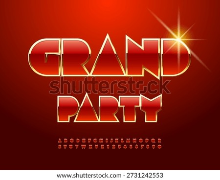 Vector Classy banner Grand Party. Luxury Red and Golden Font. Premium Alphabet Letters and Numbers.