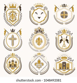 Vector classy heraldic Coat of Arms. Collection of blazons stylized in vintage design and created with graphic elements, royal crowns and flags, stars, towers, armory, religious crosses.