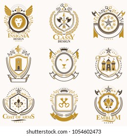 Vector classy heraldic Coat of Arms. Collection of blazons stylized in vintage design and created with graphic elements, royal crowns and flags, stars, towers, armory, religious crosses.
