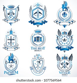 Vector classy heraldic Coat of Arms. Collection of blazons stylized in vintage design and created with graphic elements, royal crowns and flags, stars, towers, armory, religious crosses.