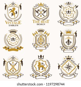 Vector classy heraldic Coat of Arms. Collection of blazons stylized in vintage design and created with graphic elements, royal crowns and flags, stars, towers, armory, religious crosses.