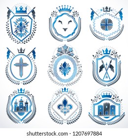 Vector classy heraldic Coat of Arms. Collection of blazons stylized in vintage design and created with graphic elements, royal crowns and flags, stars, towers, armory, religious crosses.