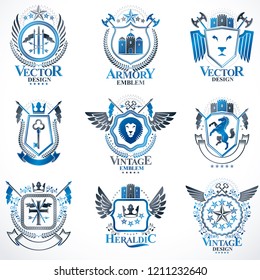 Vector classy heraldic Coat of Arms. Collection of blazons stylized in vintage design and created with graphic elements, royal crowns and flags, stars, towers, armory, religious crosses.
