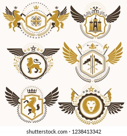 Vector classy heraldic Coat of Arms. Collection of blazons stylized in vintage design and created with graphic elements, royal crowns and flags, stars, towers, armory, religious crosses.