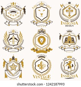 Vector classy heraldic Coat of Arms. Collection of blazons stylized in vintage design and created with graphic elements, royal crowns and flags, stars, towers, armory, religious crosses.