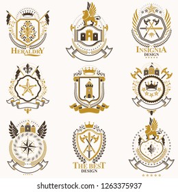 Vector classy heraldic Coat of Arms. Collection of blazons stylized in vintage design and created with graphic elements, royal crowns and flags, stars, towers, armory, religious crosses.