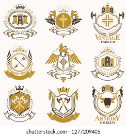 Vector classy heraldic Coat of Arms. Collection of blazons stylized in vintage design and created with graphic elements, royal crowns and flags, stars, towers, armory, religious crosses.