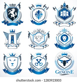 Vector classy heraldic Coat of Arms. Collection of blazons stylized in vintage design and created with graphic elements, royal crowns and flags, stars, towers, armory, religious crosses.