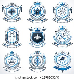 Vector classy heraldic Coat of Arms. Collection of blazons stylized in vintage design and created with graphic elements, royal crowns and flags, stars, towers, armory, religious crosses.