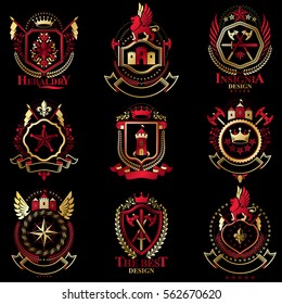 Vector classy heraldic Coat of Arms. Collection of blazons stylized in vintage design and created with graphic elements, royal crowns and flags, stars, towers, armory, religious crosses.