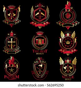 Vector classy heraldic Coat of Arms. Collection of blazons stylized in vintage design and created with graphic elements, royal crowns and flags, stars, towers, armory, religious crosses.