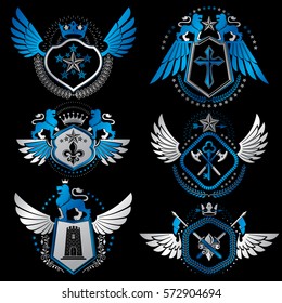 Vector classy heraldic Coat of Arms. Collection of blazons stylized in vintage design and created with graphic elements, royal crowns and flags, stars, towers, armory, religious crosses.