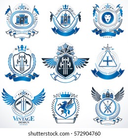 Vector classy heraldic Coat of Arms. Collection of blazons stylized in vintage design and created with graphic elements, royal crowns and flags, stars, towers, armory, religious crosses.