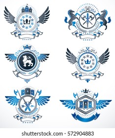 Vector classy heraldic Coat of Arms. Collection of blazons stylized in vintage design and created with graphic elements, royal crowns and flags, stars, towers, armory, religious crosses.