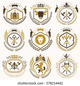 Vector classy heraldic Coat of Arms. Collection of blazons stylized in vintage design and created with graphic elements, royal crowns and flags, stars, towers, armory, religious crosses.