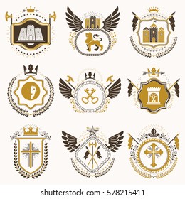 Vector classy heraldic Coat of Arms. Collection of blazons stylized in vintage design and created with graphic elements, royal crowns and flags, stars, towers, armory, religious crosses.