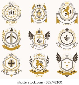 Vector classy heraldic Coat of Arms. Collection of blazons stylized in vintage design and created with graphic elements, royal crowns and flags, stars, towers, armory, religious crosses.