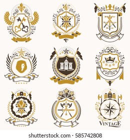 Vector classy heraldic Coat of Arms. Collection of blazons stylized in vintage design and created with graphic elements, royal crowns and flags, stars, towers, armory, religious crosses.