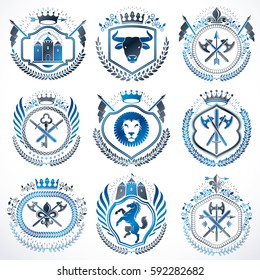 Vector classy heraldic Coat of Arms. Collection of blazons stylized in vintage design and created with graphic elements, royal crowns and flags, stars, towers, armory, religious crosses.