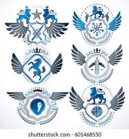 Vector classy heraldic Coat of Arms. Collection of blazons stylized in vintage design and created with graphic elements, royal crowns and flags, stars, towers, armory, religious crosses.