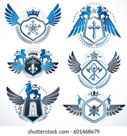 Vector classy heraldic Coat of Arms. Collection of blazons stylized in vintage design and created with graphic elements, royal crowns and flags, stars, towers, armory, religious crosses.