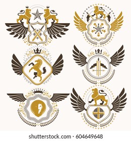 Vector classy heraldic Coat of Arms. Collection of blazons stylized in vintage design and created with graphic elements, royal crowns and flags, stars, towers, armory, religious crosses.