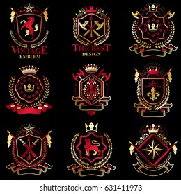 Vector classy heraldic Coat of Arms. Collection of blazons stylized in vintage design and created with graphic elements, royal crowns and flags, stars, towers, armory, religious crosses.