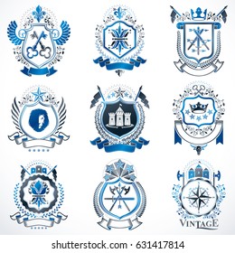 Vector classy heraldic Coat of Arms. Collection of blazons stylized in vintage design and created with graphic elements, royal crowns and flags, stars, towers, armory, religious crosses.