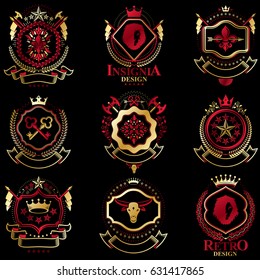 Vector classy heraldic Coat of Arms. Collection of blazons stylized in vintage design and created with graphic elements, royal crowns and flags, stars, towers, armory, religious crosses.