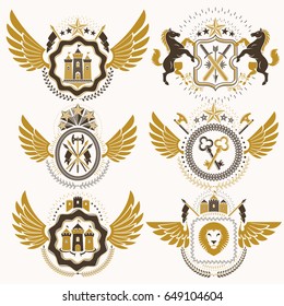 Vector classy heraldic Coat of Arms. Collection of blazons stylized in vintage design and created with graphic elements, royal crowns and flags, stars, towers, armory, religious crosses.