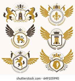 Vector classy heraldic Coat of Arms. Collection of blazons stylized in vintage design and created with graphic elements, royal crowns and flags, stars, towers, armory, religious crosses.