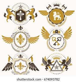 Vector classy heraldic Coat of Arms. Collection of blazons stylized in vintage design and created with graphic elements, royal crowns and flags, stars, towers, armory, religious crosses.