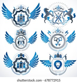 Vector classy heraldic Coat of Arms. Collection of blazons stylized in vintage design and created with graphic elements, royal crowns and flags, stars, towers, armory, religious crosses.