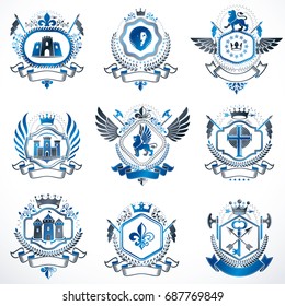 Vector classy heraldic Coat of Arms. Collection of blazons stylized in vintage design and created with graphic elements, royal crowns and flags, stars, towers, armory, religious crosses.