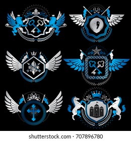 Vector classy heraldic Coat of Arms. Collection of blazons stylized in vintage design and created with graphic elements, royal crowns and flags, stars, towers, armory, religious crosses.