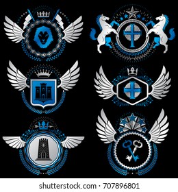 Vector classy heraldic Coat of Arms. Collection of blazons stylized in vintage design and created with graphic elements, royal crowns and flags, stars, towers, armory, religious crosses.