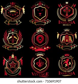 Vector classy heraldic Coat of Arms. Collection of blazons stylized in vintage design and created with graphic elements, royal crowns and flags, stars, towers, armory, religious crosses.