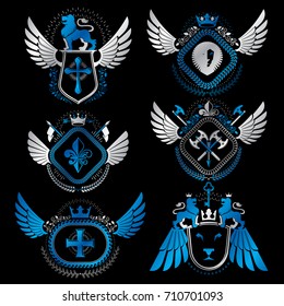 Vector classy heraldic Coat of Arms. Collection of blazons stylized in vintage design and created with graphic elements, royal crowns and flags, stars, towers, armory, religious crosses.