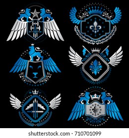 Vector classy heraldic Coat of Arms. Collection of blazons stylized in vintage design and created with graphic elements, royal crowns and flags, stars, towers, armory, religious crosses.